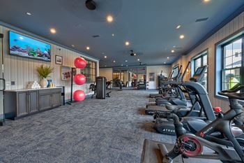 A gym with a row of exercise bikes and a television playing a cartoon.